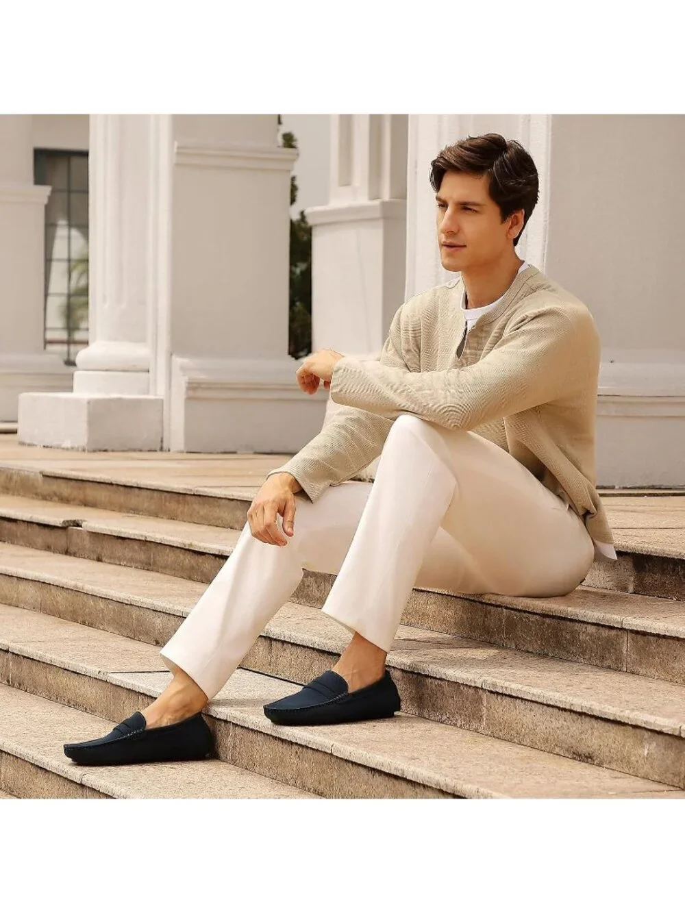 Go Tour Men's Dark Blue Suede Leather Loafers Slip On Flats Comfortable Shoes